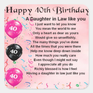 Sticker Carré Poème de belle-fille - quarantième anniversaire