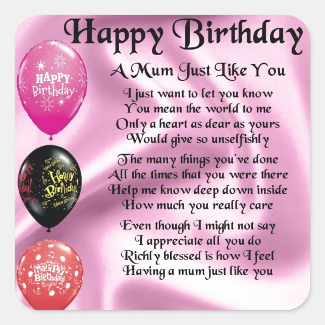 Sticker Carré Poème de maman - Joyeux anniversaire (Devant)