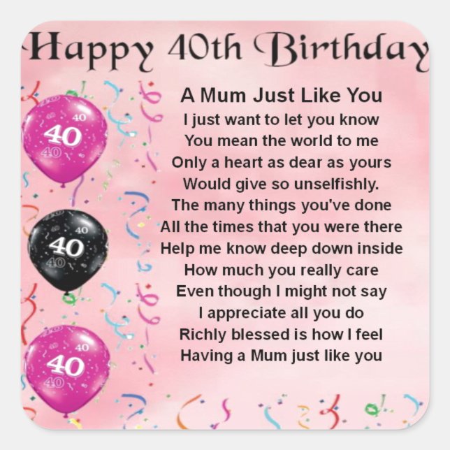 Sticker Carré Poème de maman - quarantième anniversaire (Devant)