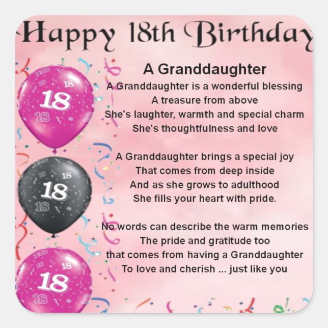 Sticker Carré Poème de petite fille - 18ème anniversaire (Devant)
