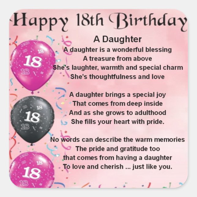 Sticker Carré Poème fille - 18ème anniversaire (Devant)
