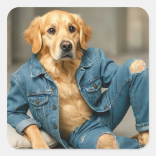Sticker Carré Poing Golden Retriever dans Blue Jeans