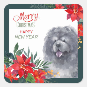 Sticker Carré Poinsettia Chow Chien Chow Noir Frontière Noël
