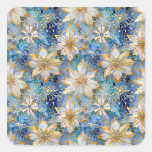 Sticker Carré Poinsettias de Noël Blanc Bleu