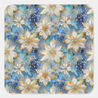 Sticker Carré Poinsettias de Noël Bleu Blanc Or