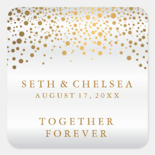 Sticker Carré Points d'or du jour du mariage sur satin blanc