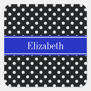 Sticker Carré Points noirs et blancs Monogramme royal bleu nom