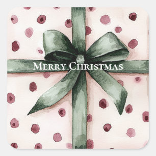 Sticker Carré Points roses de Noël Ruban vert & Bow