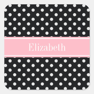 Sticker Carré Pois noirs et blancs Nom rose Monogram