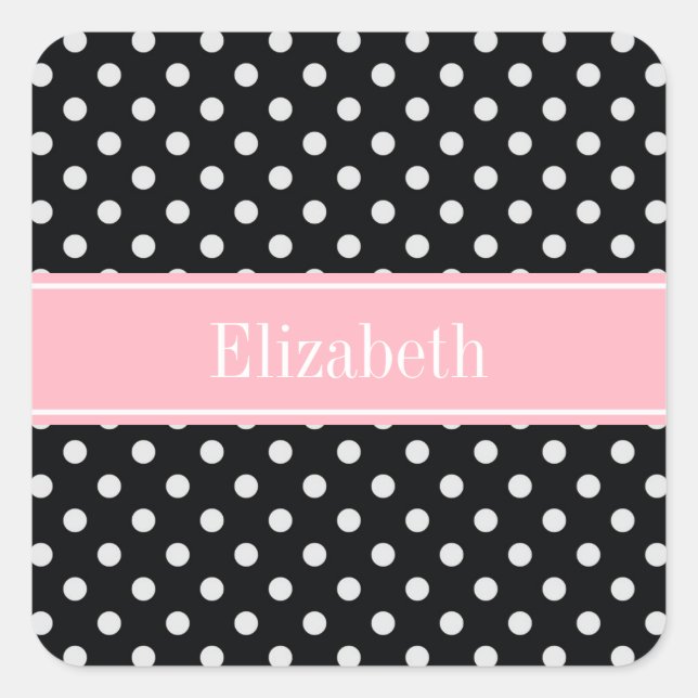 Sticker Carré Pois noirs et blancs Nom rose Monogram (Devant)