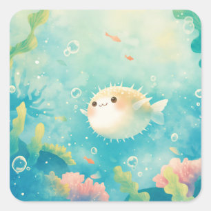 Sticker Carré Poisson-Lune Mignon Aquarelle Sous la Mer Crèche