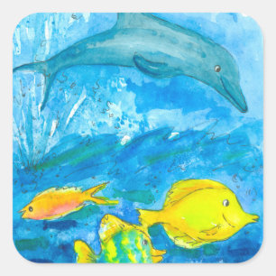 Sticker Carré Poissons tropicaux jaunes de Tang de dauphin