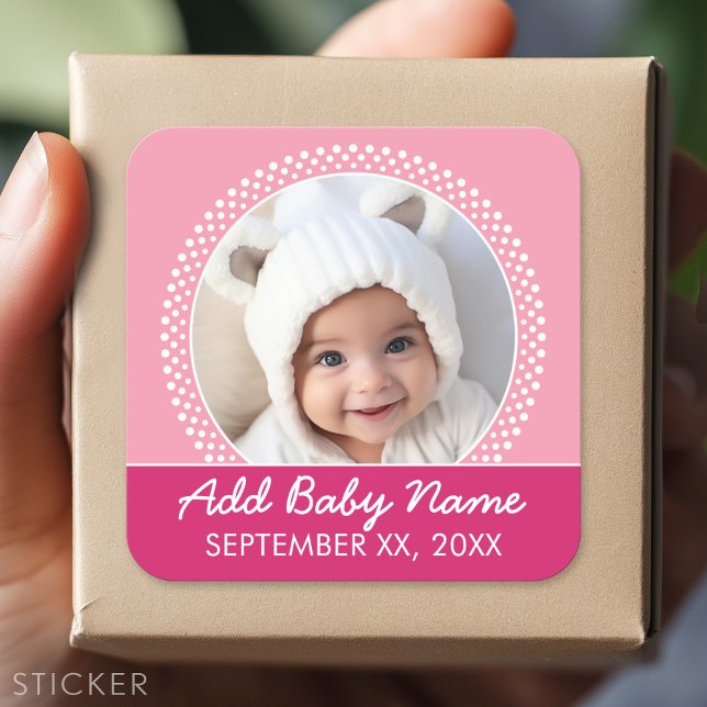 Sticker Carré Poka rose point photo cadre bébé fille (Custom Sticker)