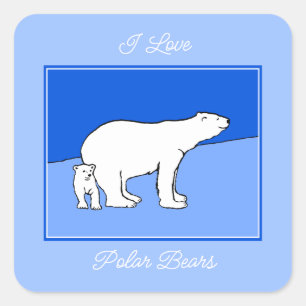 Sticker Carré Polar Bear Mom and Cub Peinture - Wildlife Art