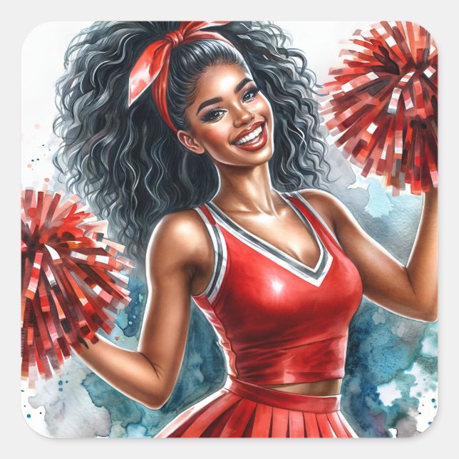 Sticker Carré Pom-pom girl Afro-Américain En Aquarelle Rouge (Devant)