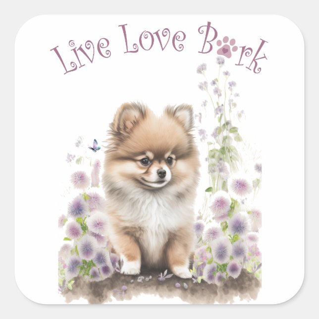 Sticker Carré Pomeranian Chien Maman Floral (Devant)