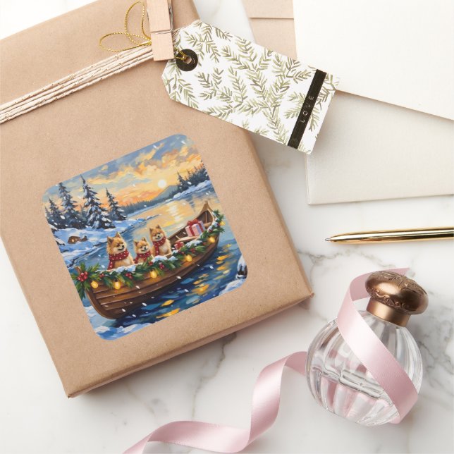 Sticker Carré Pomeranian Christmas Boat Holiday (Cadeaux)