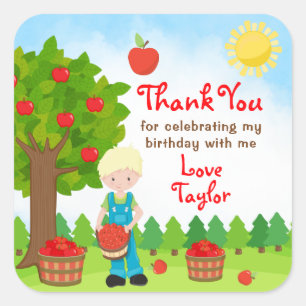 Sticker Carré Pomme cueillir Blonde cheveux garçon Anniversaire