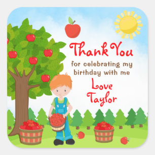 Sticker Carré Pomme cueillir Cheveux rouges garçon Anniversaire 