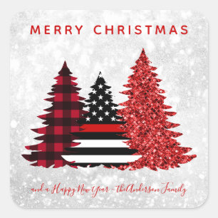 Sticker Carré Pompier Noël Red Line Plaid Parties scintillant Ar