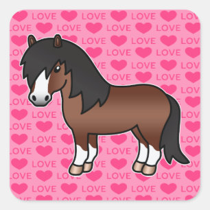 Sticker Carré Poney Shetland de dessin animé marron Cœurs d'amou