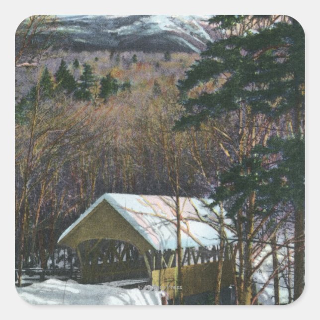 Sticker Carré Pont couvert à Flume en hiver (Devant)