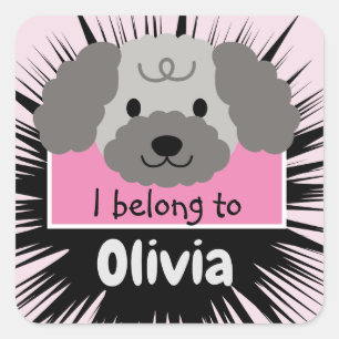Sticker Carré Poodé gris mignon avec rose Personnalisé