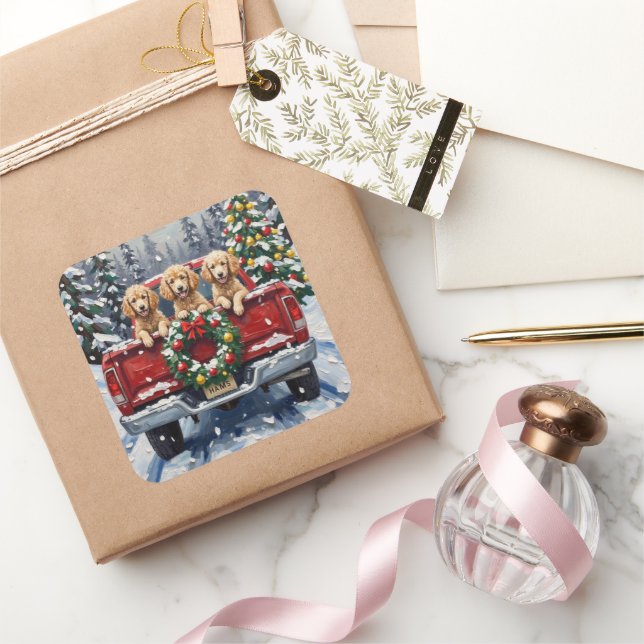 Sticker Carré Poodle Christmas Red Truck Holiday (Cadeaux)