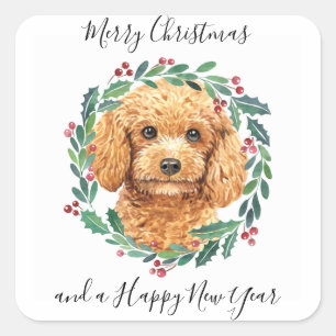 Sticker Carré Poodle Elegant Chien Wreath Joyeux Noël