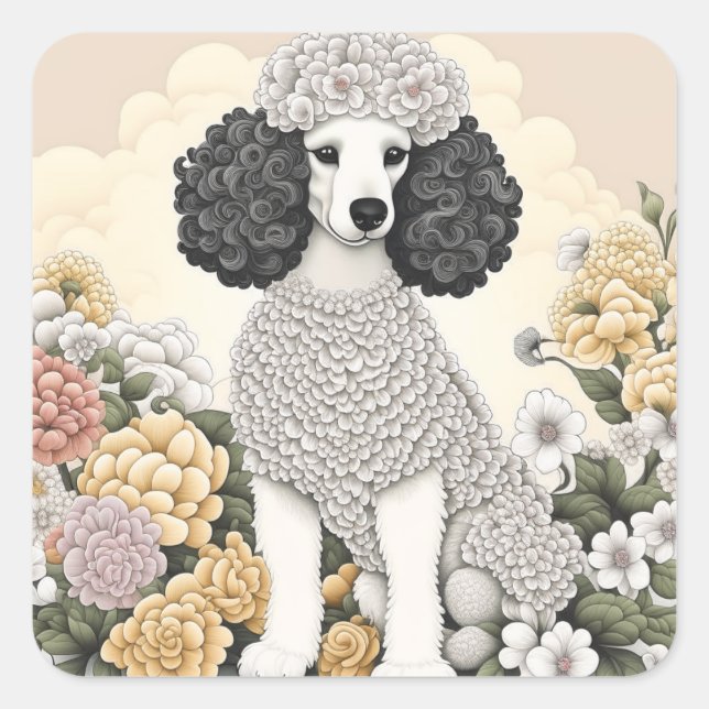 Sticker Carré Poodle en Fleurs Whimsical (Devant)