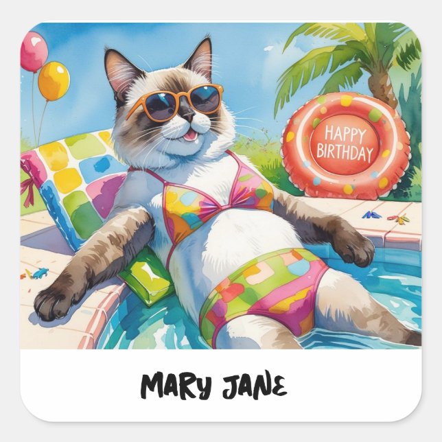 Sticker Carré Pool Birthday Party for Cat Lovers  (Devant)