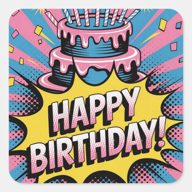 Sticker Carré Pop Art Joyeux gâteau d'anniversaire (Devant)