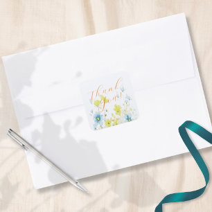 Sticker Carré Poppies rustiques simples bleues jaunes aquarelles