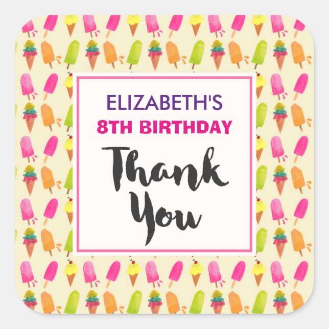 Sticker Carré Popsicles et crème glacée Motif Anniversaire Merci (Devant)