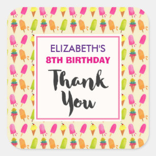 Sticker Carré Popsicles et crème glacée Motif Anniversaire Merci