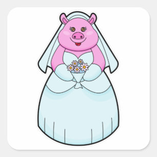 Sticker Carré Porc comme mariée avec voile