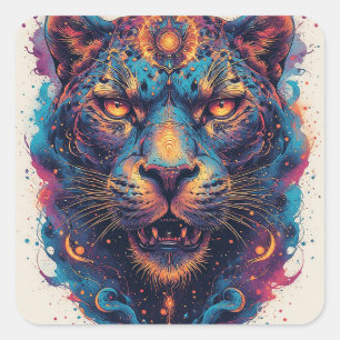 Sticker Carré Portrait de léopard cosmique avec effet mystique