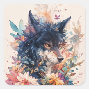 Sticker Carré Portrait de Loup Noir avec feuilles d'automne