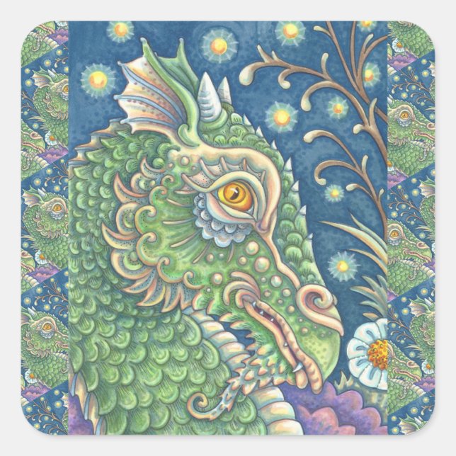 STICKER CARRÉ PORTRAIT DE TÊTE DE DRAGON MÉDIÉVAL, IMAGINAIRE SI (Devant)