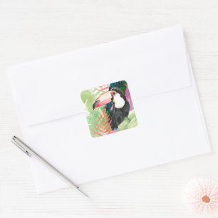 Sticker Carré Portrait du Toucan avec Feuilles tropicaux
