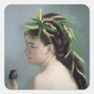 Sticker Carré Portrait d'une fille tenant un moineau