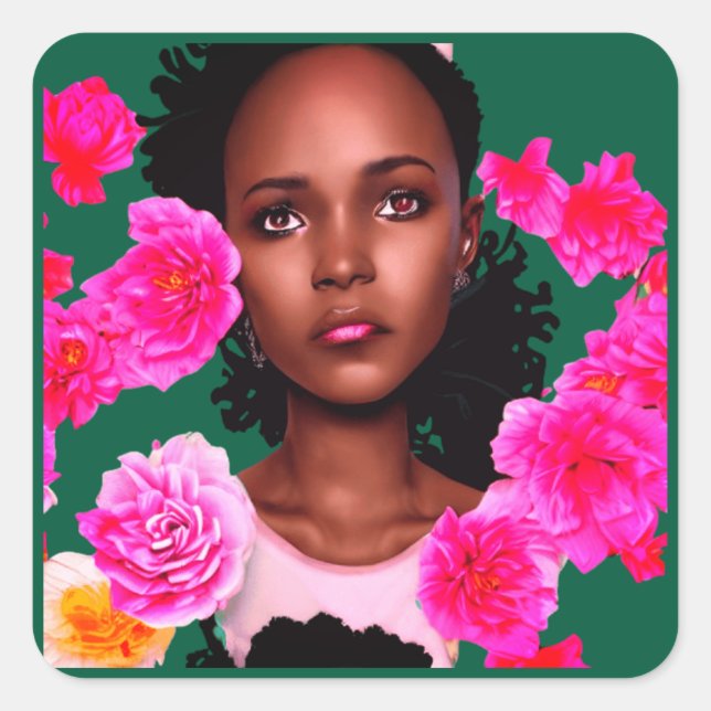 Sticker Carré Portrait d'une jeune femme entourée de fleurs (Devant)