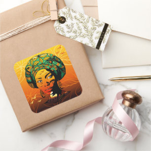 Sticker Carré Portrait féminin africain avec coucher de soleil