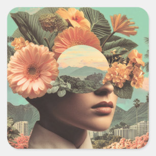 Sticker Carré Portrait Féminin Surréaliste avec Éléments Floraux