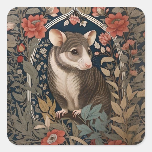 Sticker Carré Possum William Morris Inspiré Floral (Devant)