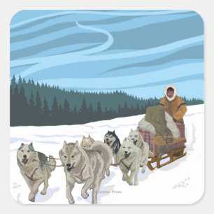 Sticker Carré Poster Vintage voyage AlaskaDogsledding
