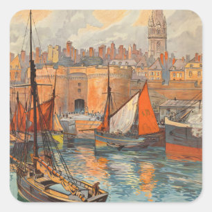 Sticker Carré Poster Vintage voyage Art, Saint Malo, France