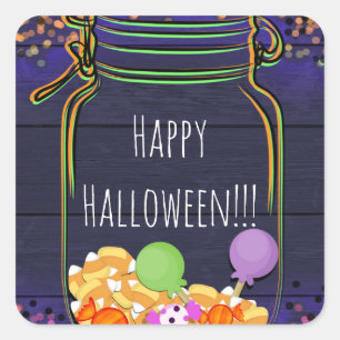Sticker Carré Pot de bonbons d'Halloween en bocal Mason lumineux