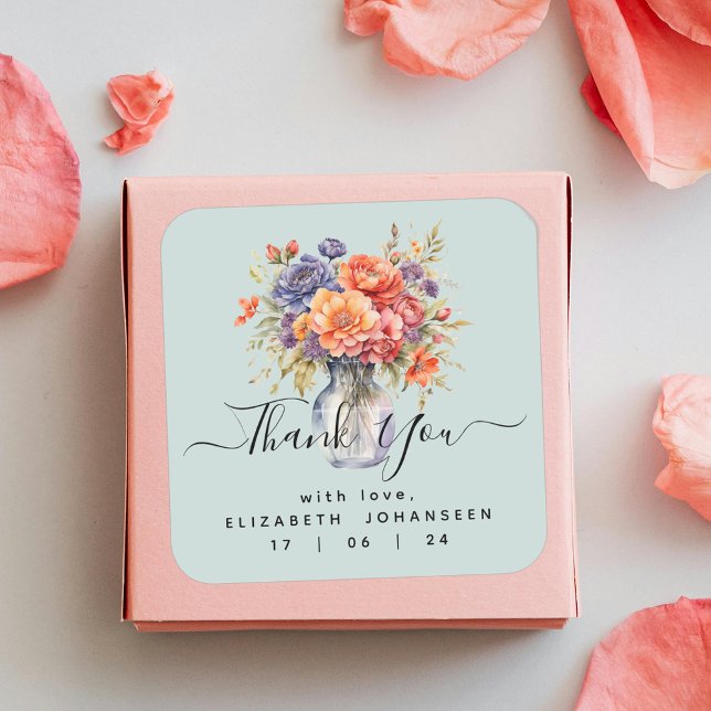 Sticker Carré Pot de fleurs sauvages aquarelle rustique Merci Ja (Créateur téléchargé)