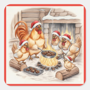 Sticker Carré Poules de Noël rôtissant des châtaignes, Autocolla